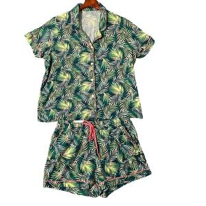 Lands End Women 1X Pajama Set Tropical Short Sleeve Button Up Top Shorts Stretch